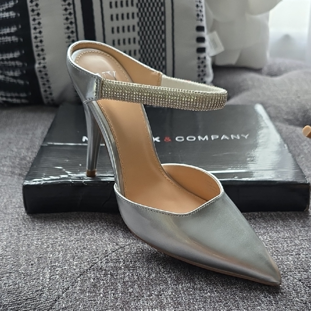 New York & Company Silver Heels with Rhinestone Strap